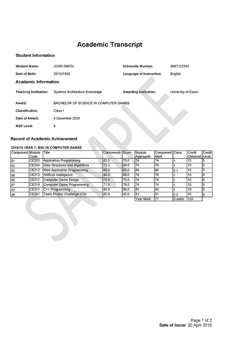 エセックス大学成績証明書